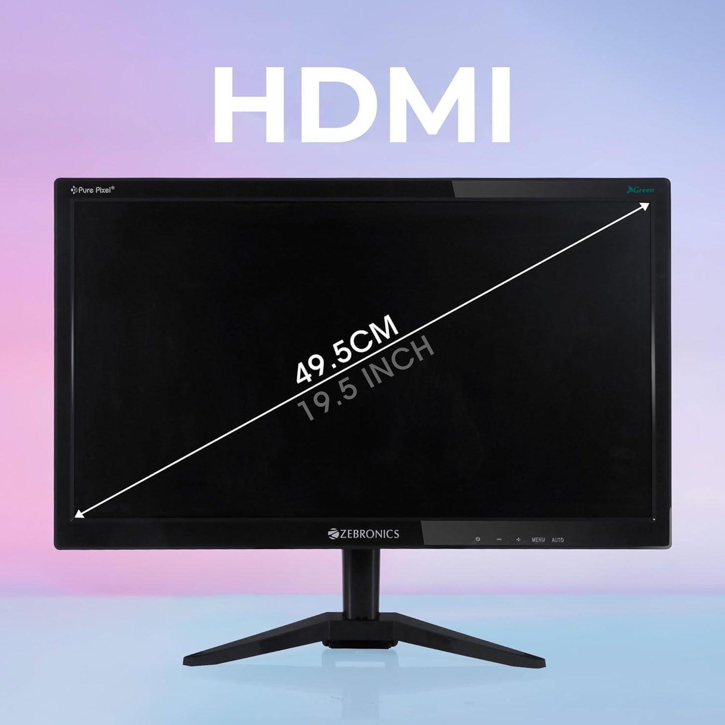 ZEBRONICS Zeb-A20HD 19.5 Inch (49.5 cm) 1600 X 900 LED Monitor, HD, HDMI, VGA, 300 nits, HDMI + VGA dual input, Wall mount, 60hz, Slim and Glossy Design, Black