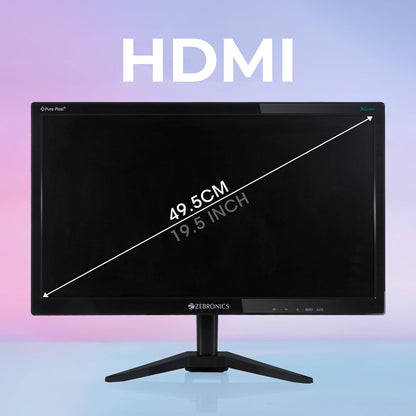 ZEBRONICS Zeb-A20HD 19.5 Inch (49.5 cm) 1600 X 900 LED Monitor, HD, HDMI, VGA, 300 nits, HDMI + VGA dual input, Wall mount, 60hz, Slim and Glossy Design, Black