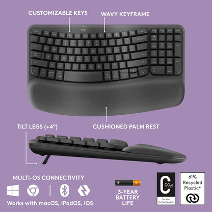 Logitech Wave Keys Wireless Ergonomic Keyboard with Cushioned Palm Rest