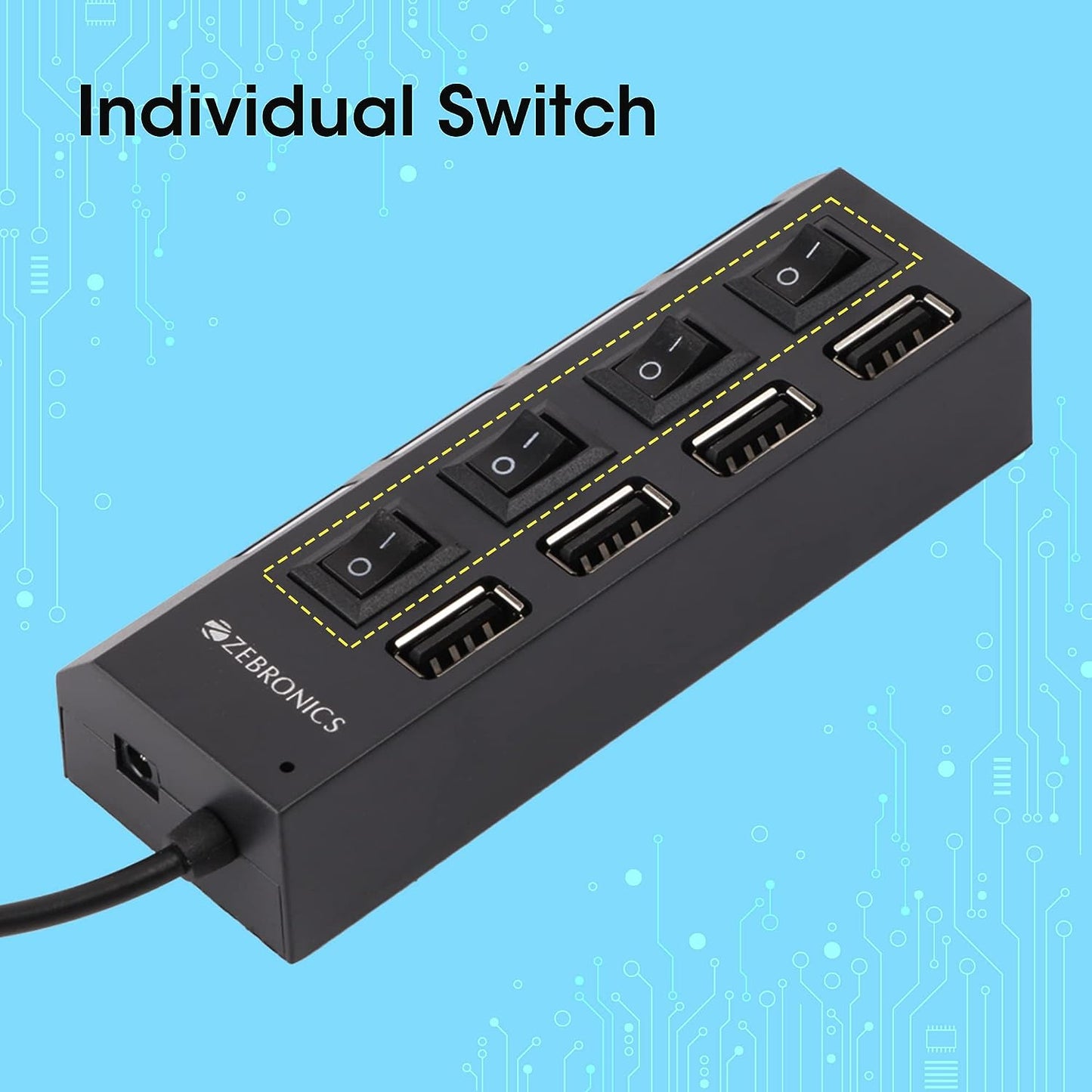 ZEBRONICS 150Hb 4 Port USB Hub with Dedicated On/Off Switch, Led Indicators, 45Cm Cable Length, Optional Power Input Port, Multi Device and Plug Play Usage