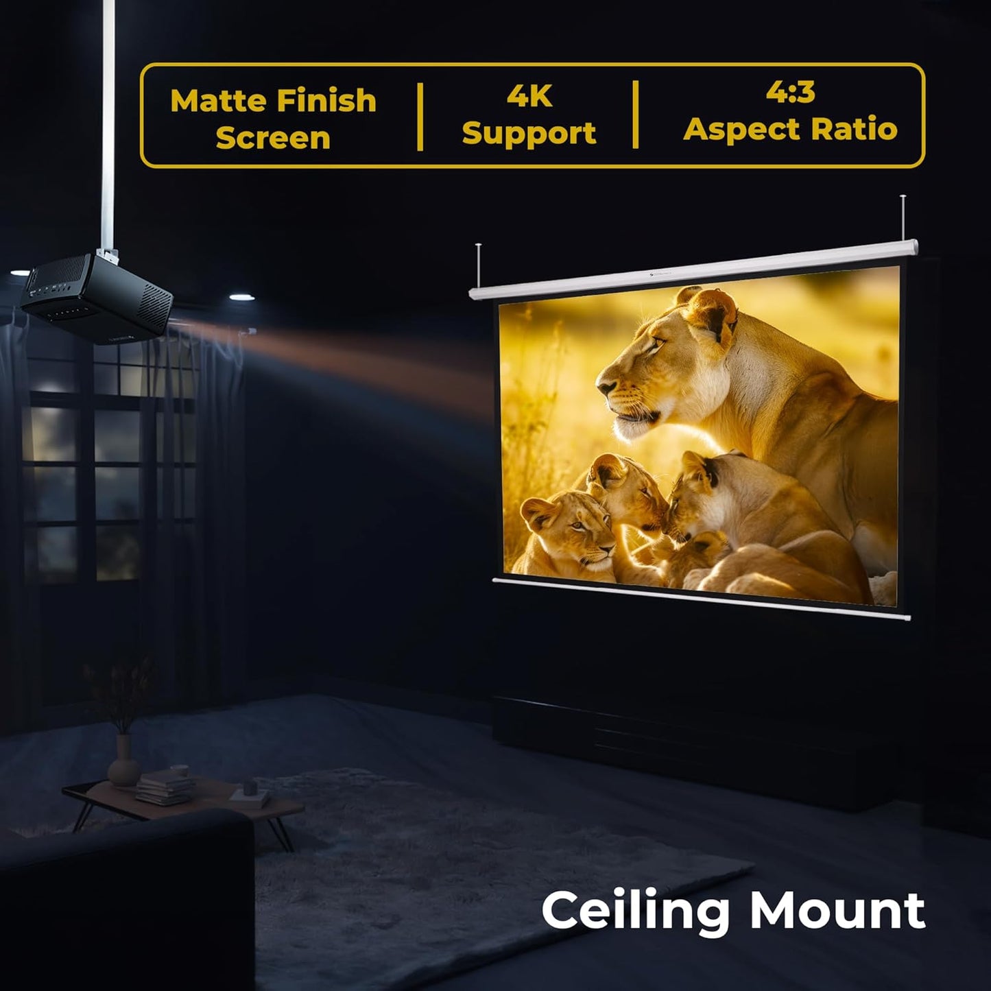 ZEBRONICS PSM120A Motorised Projector Screen, 120 inches, Roll Mechanism, Supports 4K, Matte Finish, 4:3 Aspect Ratio, High Gain Fabric, Control Pod, Remote Control, Wall & Ceiling Mountable