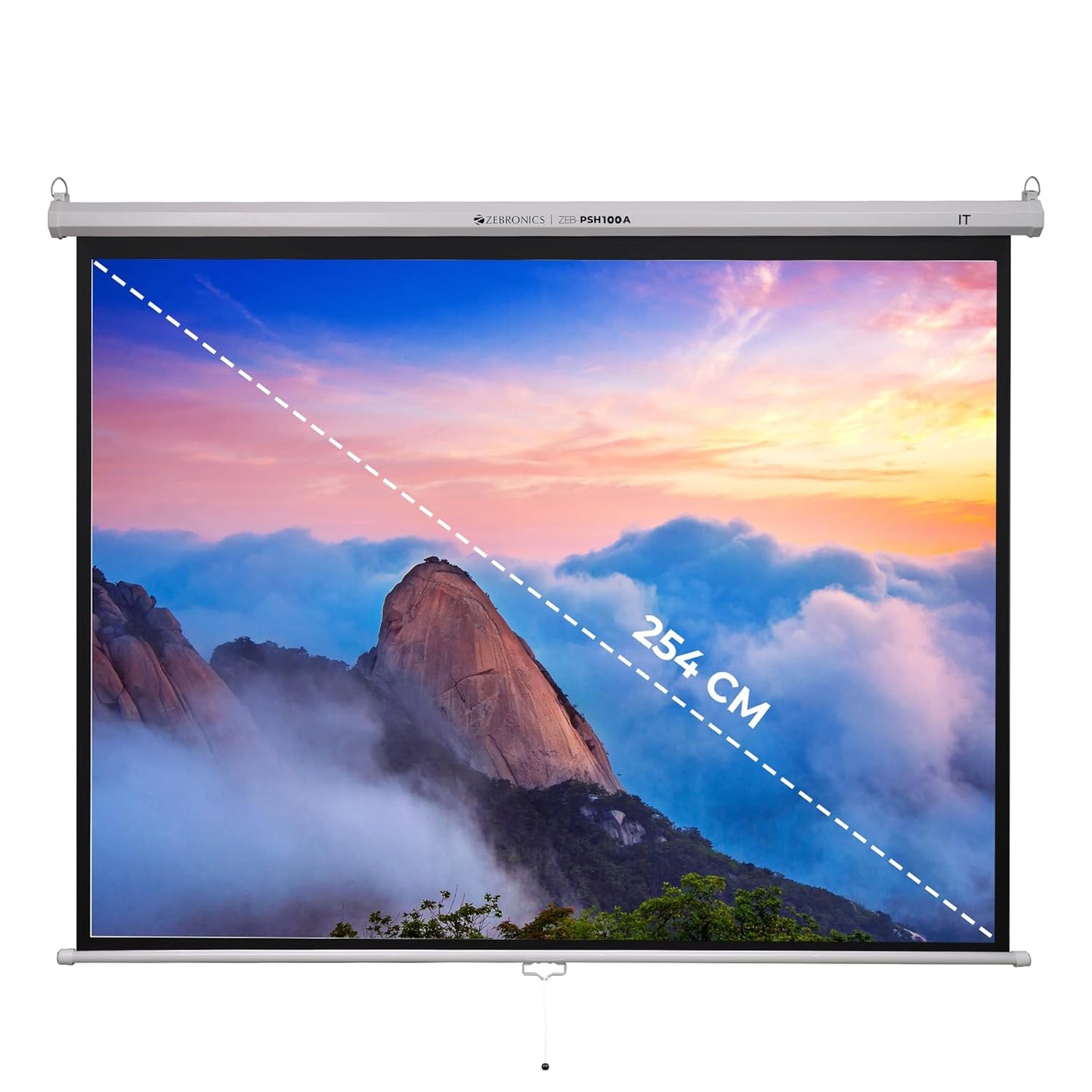 ZEBRONICS PSH100A Manual Pull Down Projector Screen, 100 inches, Supports 4K, Matte Finish, 4:3 Aspect Ratio, High Gain Fabric, 160º Wide Viewing Angle, Wall & Ceiling Mountable