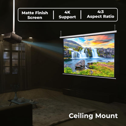 ZEBRONICS PSM84A Motorised Projector Screen, 84 inches, Roll Mechanism, Supports 4K, Matte Finish, 4:3 Aspect Ratio, High Gain Fabric, Control Pod, Remote Control, Wall & Ceiling Mountable