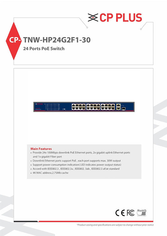 CP PLUS 4 port networking switch (CP-TNW-HP4H1-6) 5 Ports 100 Mbps Network Switch