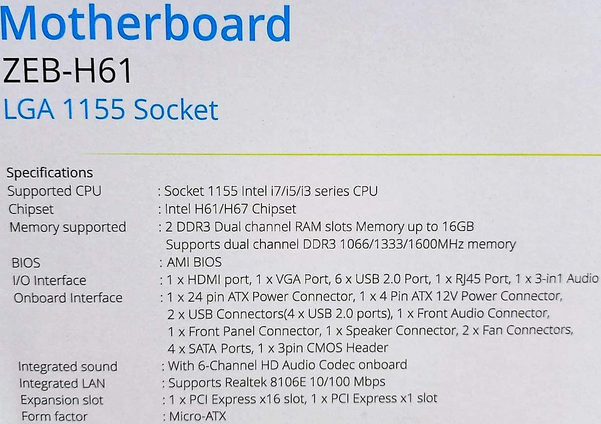 Zebronics H61 Motherboard ATX Intel LGA 1155 Socket | 6USB,1VGA,1LAN,1Audio,1HDMI Port, DDR3