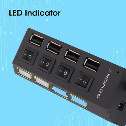 ZEBRONICS 150Hb 4 Port USB Hub with Dedicated On/Off Switch, Led Indicators, 45Cm Cable Length, Optional Power Input Port, Multi Device and Plug Play Usage