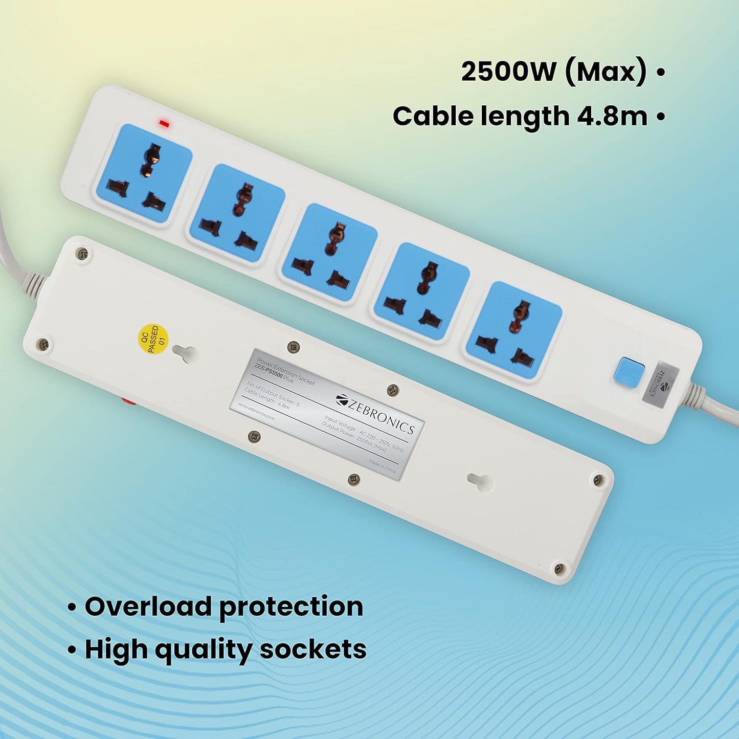 ZEBRONICS Zeb PS5500 Plus Power Strip a 2500 WATTS Power Extension Socket, 4.8m Wire with Universal sockets