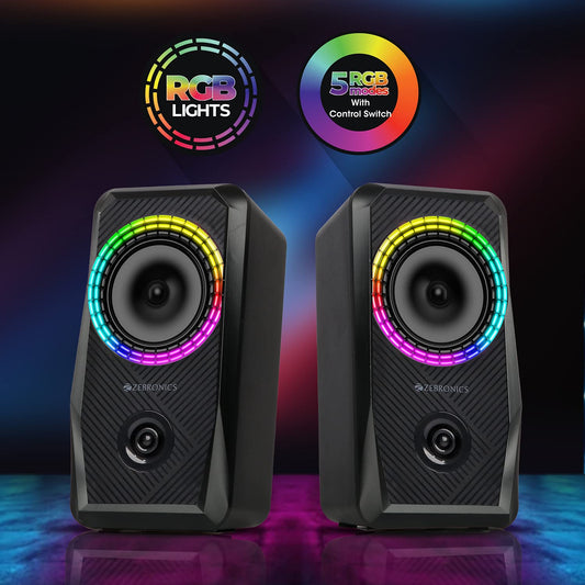 ZEBRONICS Zeb-Warrior 4, 2.0 Speaker for PC, Laptops, Desktop with 5 RGB Light Modes, USB Powered, AUX Input, 10 watts, Volume Control Pod