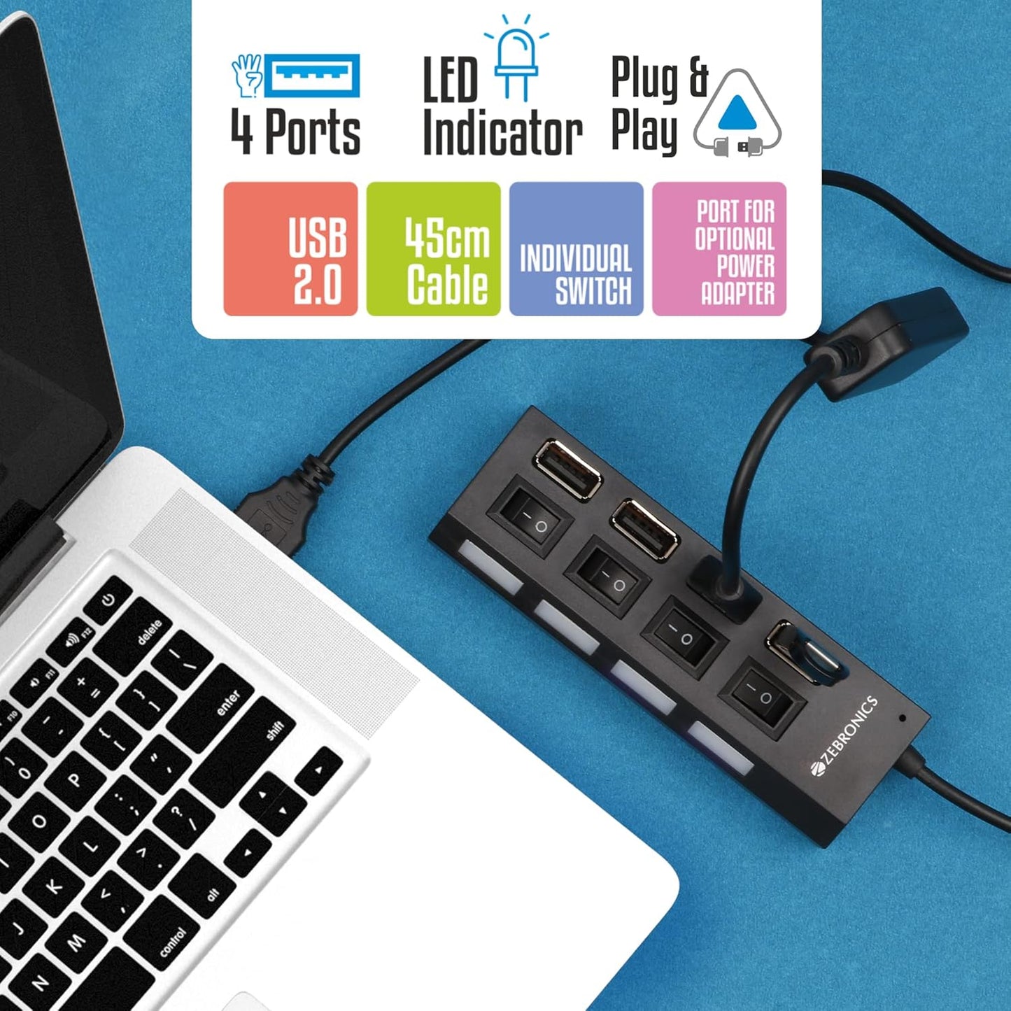 ZEBRONICS 150Hb 4 Port USB Hub with Dedicated On/Off Switch, Led Indicators, 45Cm Cable Length, Optional Power Input Port, Multi Device and Plug Play Usage