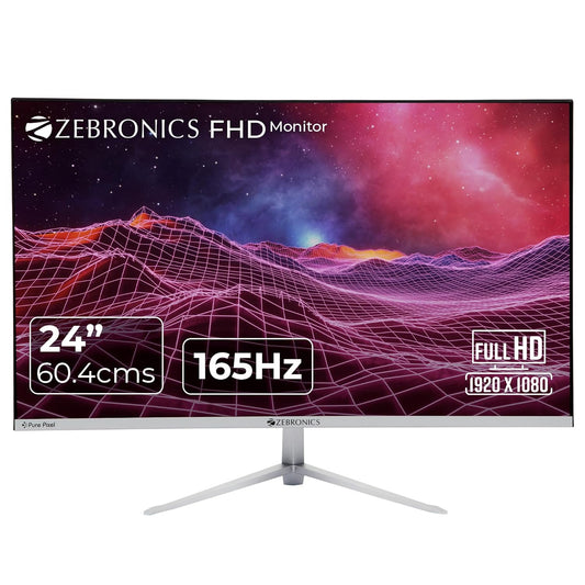 ZEBRONICS A24FHD LED, Gaming Monitor, 24 inch (60.96cm), 300 nits, 165Hz, Slim Design, FHD, 1080p, Wall Mountable, HDMI, DisplayPort, USB Port, Ultra Slim Bezel, Metal stand, Built-in Speakers