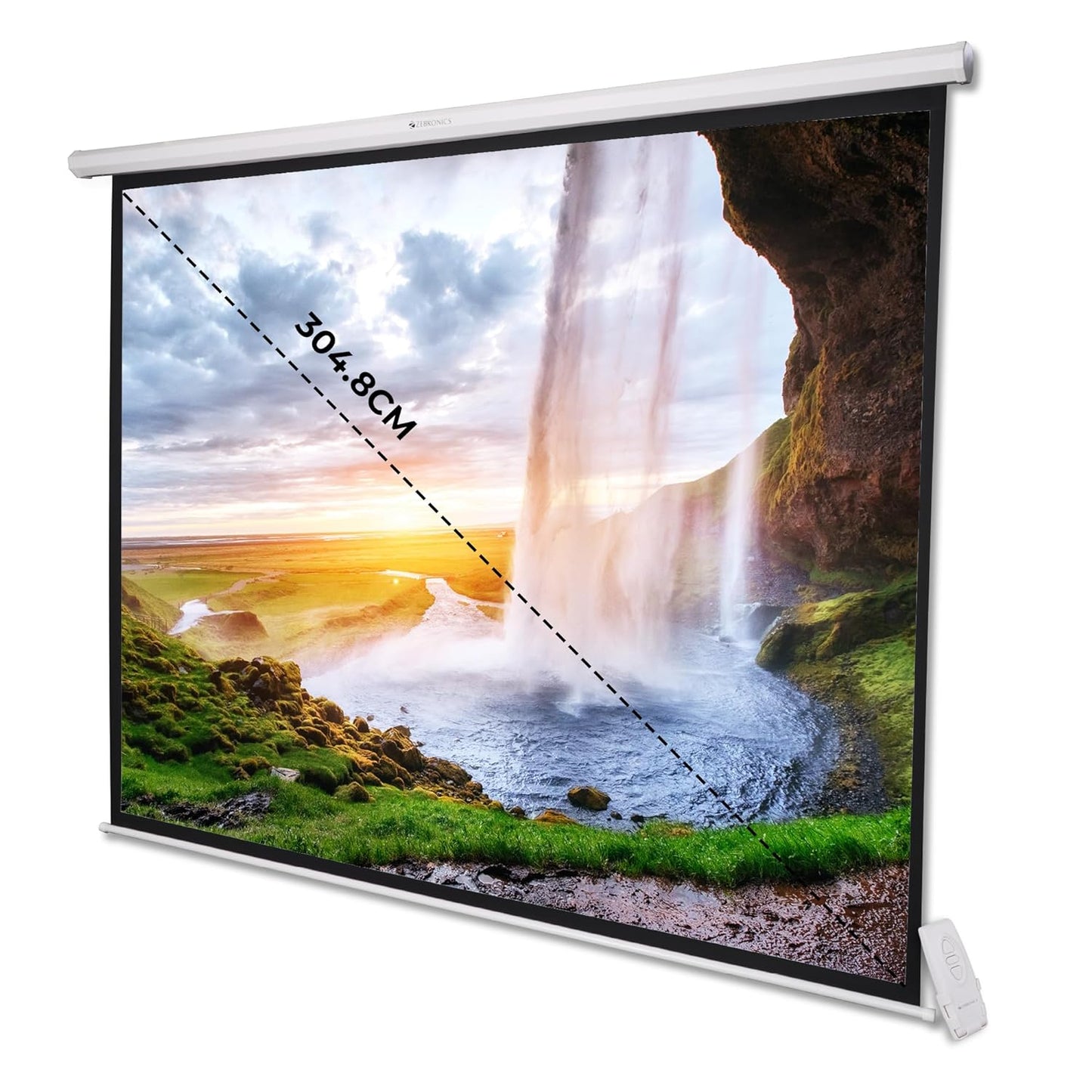 ZEBRONICS PSM120A Motorised Projector Screen, 120 inches, Roll Mechanism, Supports 4K, Matte Finish, 4:3 Aspect Ratio, High Gain Fabric, Control Pod, Remote Control, Wall & Ceiling Mountable