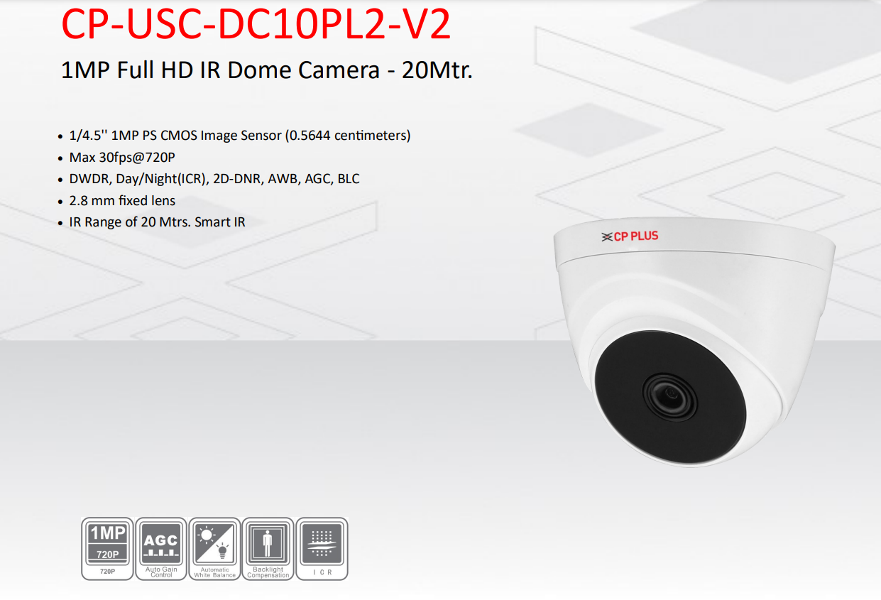 1MP Full HD IR Dome Camera - 20Mtr - CP-USC-DC10PL2-V2