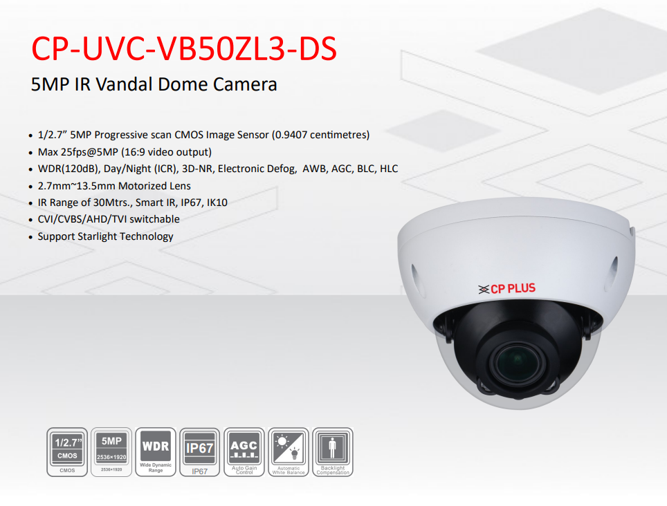 5MP IR Vandal Dome Camera CP-UVC-VB50ZL3-DS