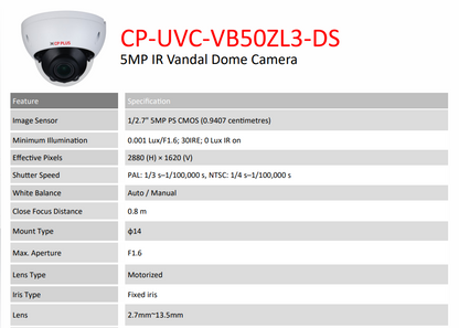 5MP IR Vandal Dome Camera CP-UVC-VB50ZL3-DS