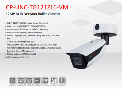 12MP AI IR Network Bullet Camera - CP-UNC-TG121ZL6-VM