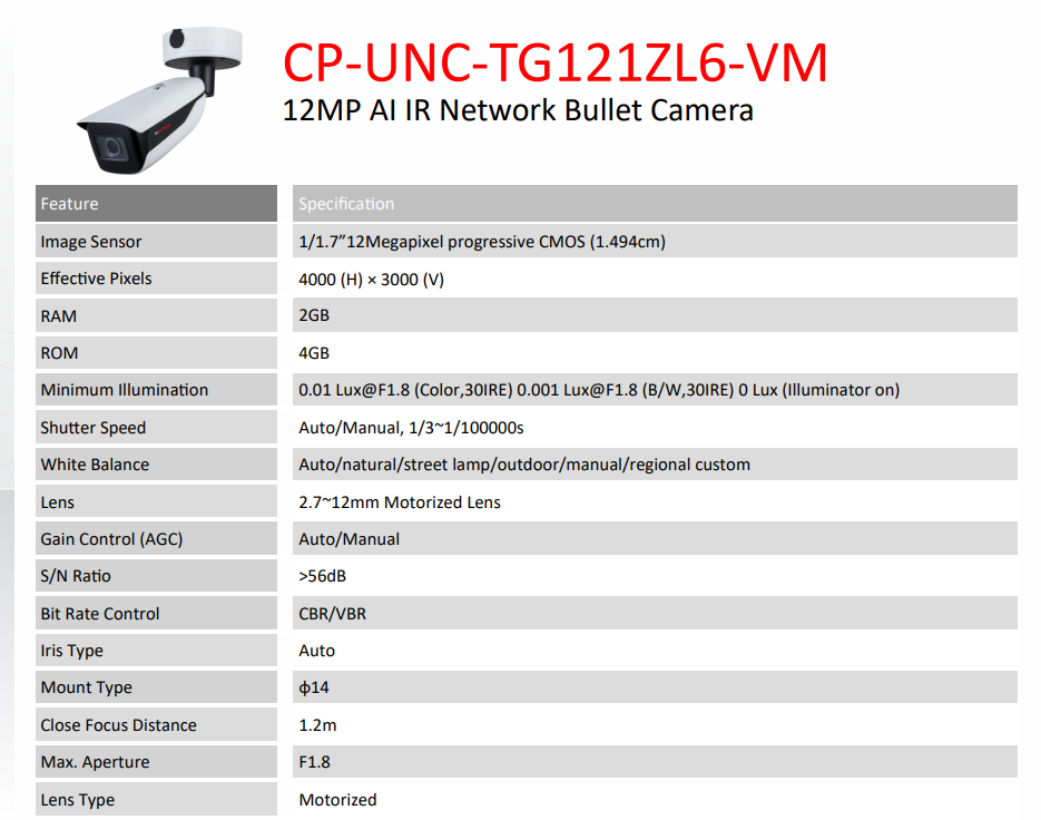 12MP AI IR Network Bullet Camera - CP-UNC-TG121ZL6-VM