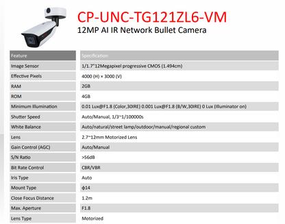 12MP AI IR Network Bullet Camera - CP-UNC-TG121ZL6-VM